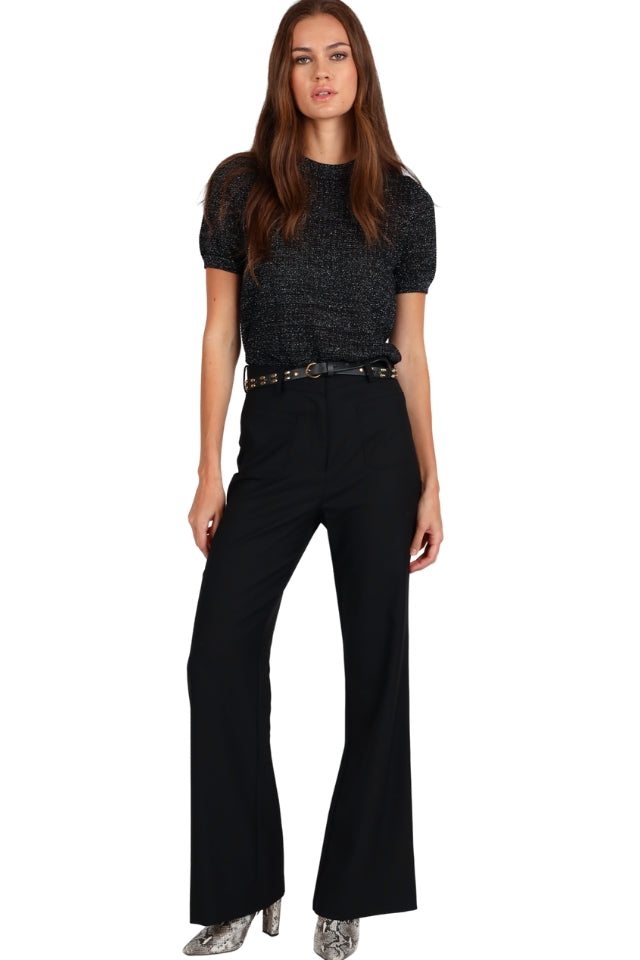 Textured Metallic Short Sleeve Sweater - Black