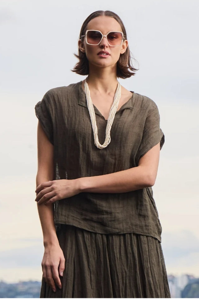 Palmer Linen Top - Khaki