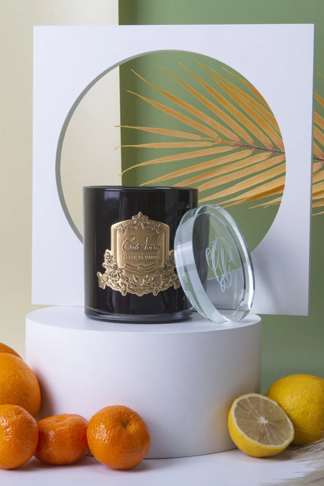 450g Candle Dark Vessel with Gold Badge - Persian Lime and Tangerine