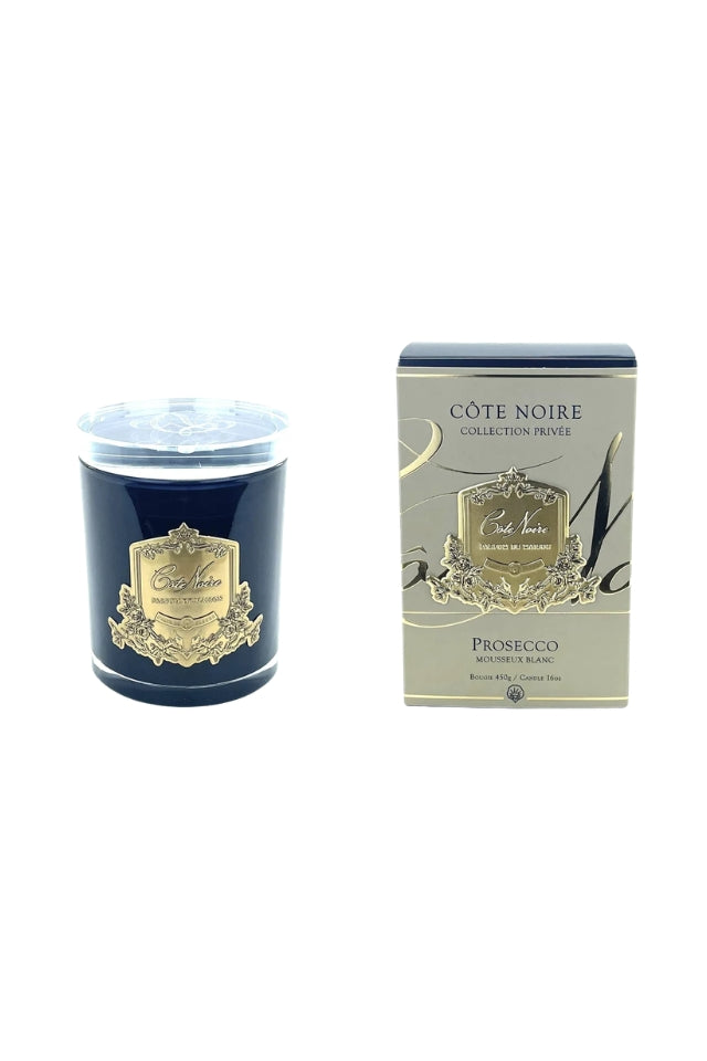 450g Candle Dark Vessel with Gold Badge - Prosecco
