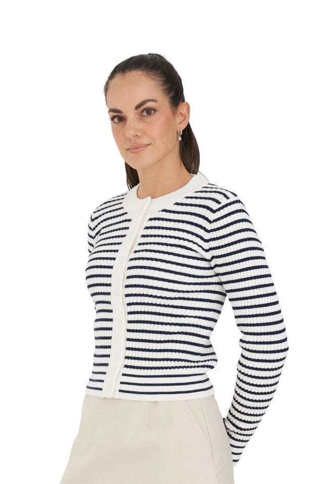 Classic Stripe Knit Cardi - Chalk and Navy