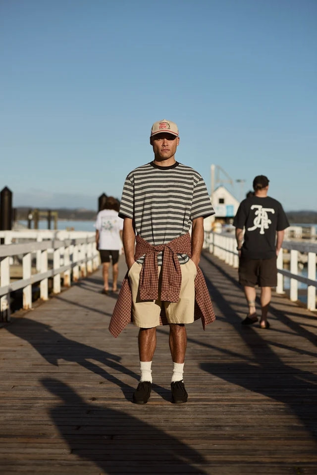 Script Heavy Shore Tee - Grey Marle Stripe