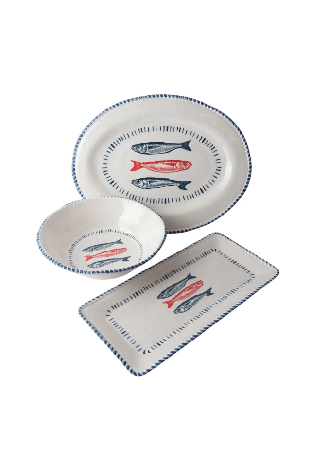 Melamine Nautical Sardine Bowl 31cm - White, Blue and Red
