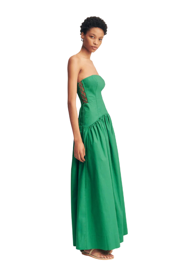 Maiori Lace Up Strapless Maxi Dress