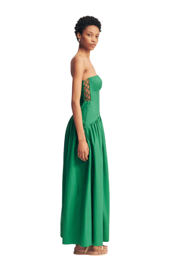 Maiori Lace Up Strapless Maxi Dress