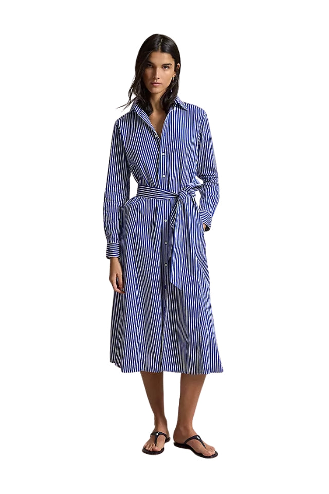 Belted Striped Cotton Shirtdress - Bright Navy/ White