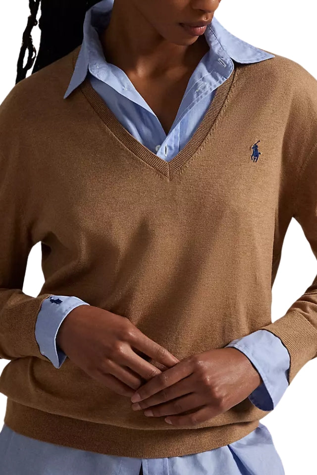 V-Neck Sweater - Camel Melange