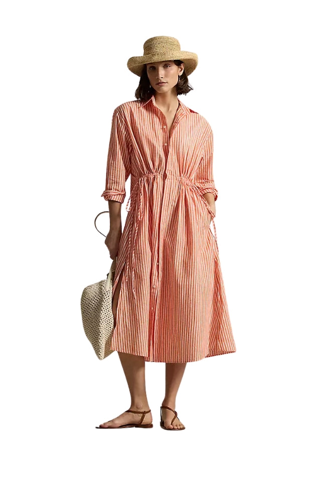 Striped Drawcord Shirtdress - Orange/White