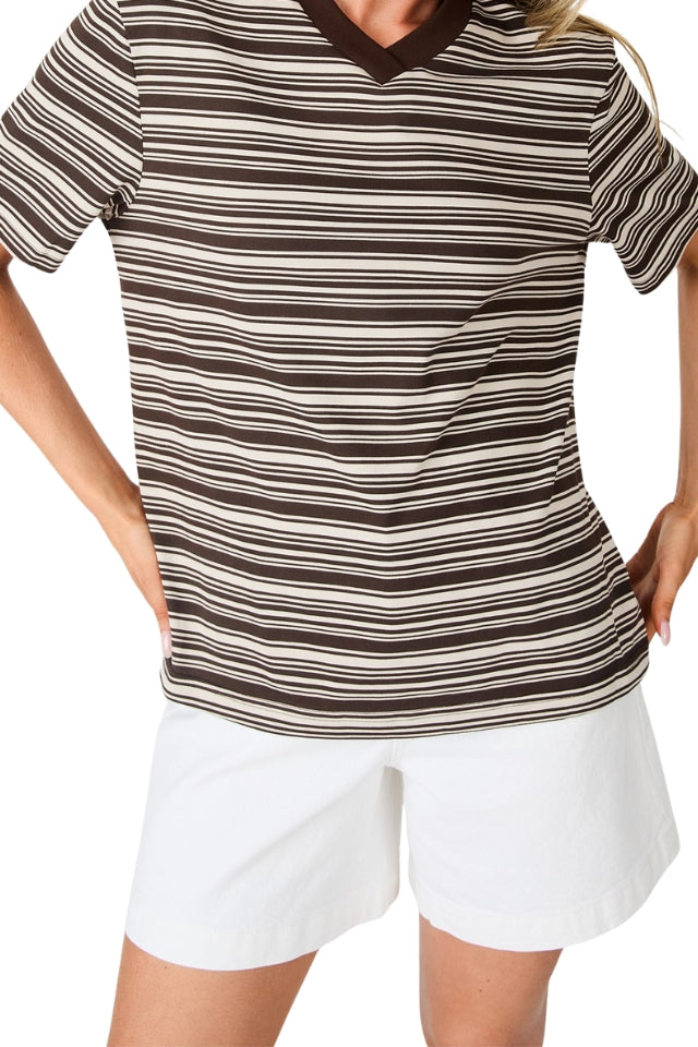 Sunday V Neck Tee - Chocolate Stripe