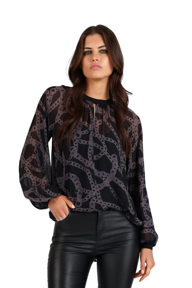 Chain Loop Print Top - Black and Grey Print