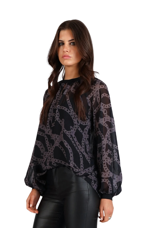 Chain Loop Print Top - Black and Grey Print