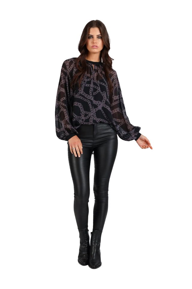 Chain Loop Print Top - Black and Grey Print