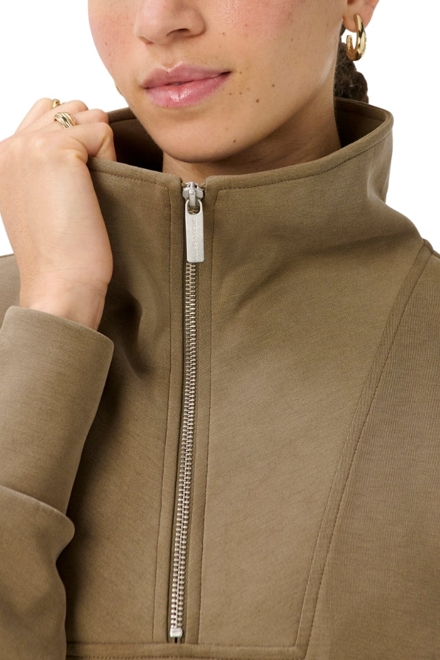 Sand Wash Half Zip Crop Sweatshirt - Khaki Brown