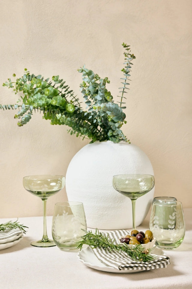 Etched Leaf Stemless Wine Glasses Set 2 - Olive Green