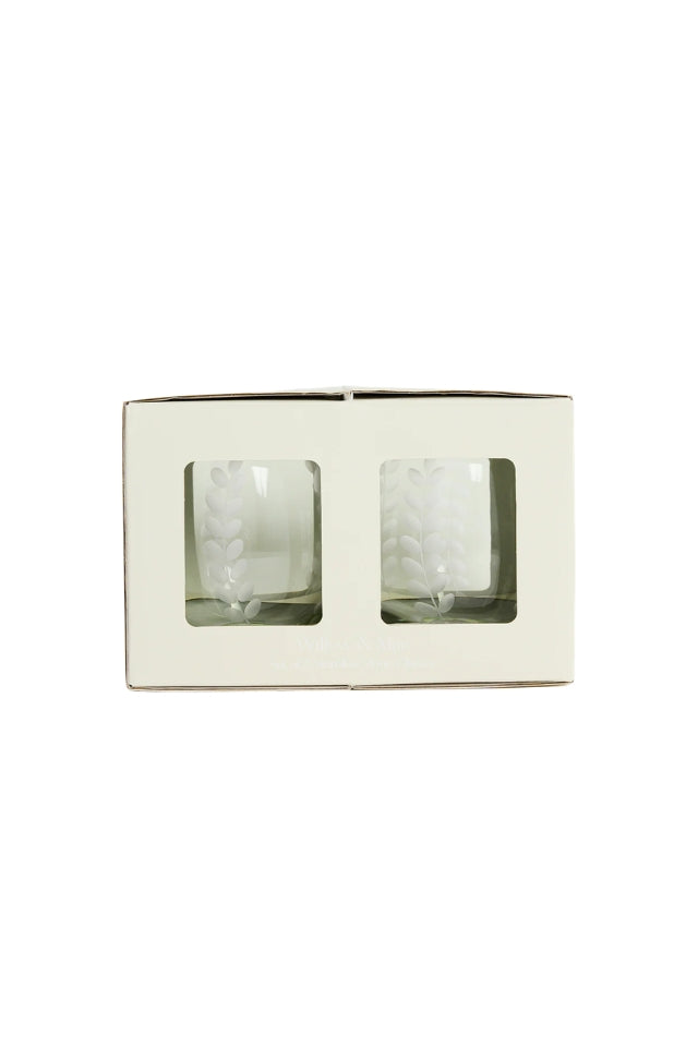 Etched Leaf Stemless Wine Glasses Set 2 - Olive Green