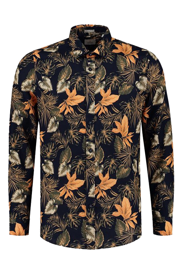 Dstrezzed 303580 Leaf Print Linen Shirt Dark Navy 