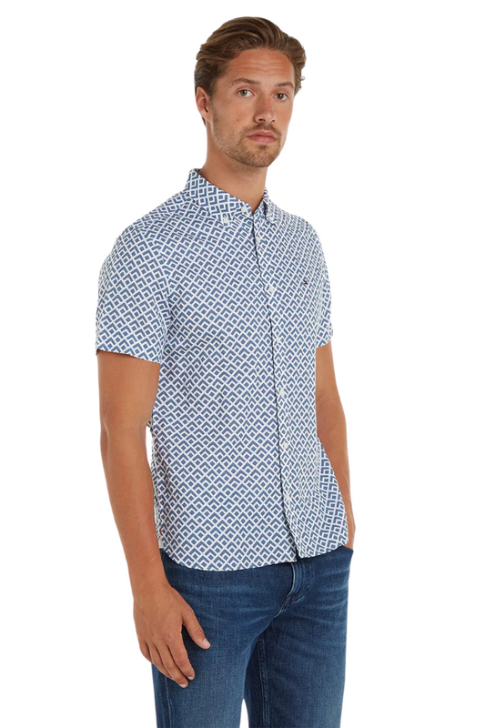 Geo Print Slim SS Shirt - Blue Coast