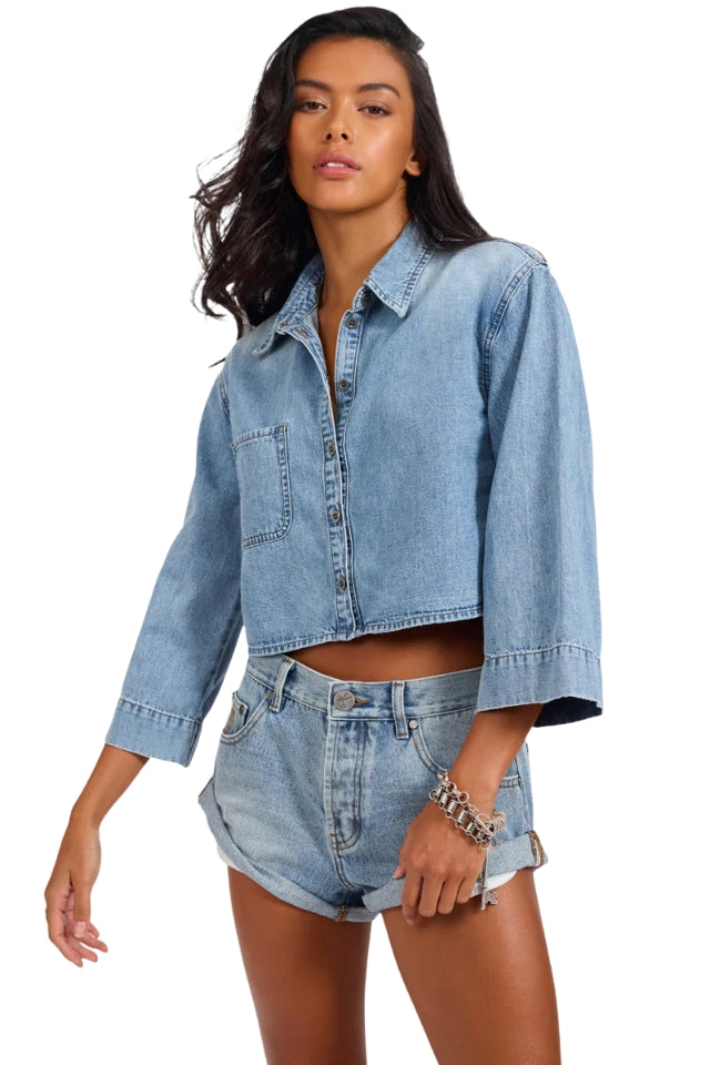 Gracie Cropped Denim Shirt - Misty Blue