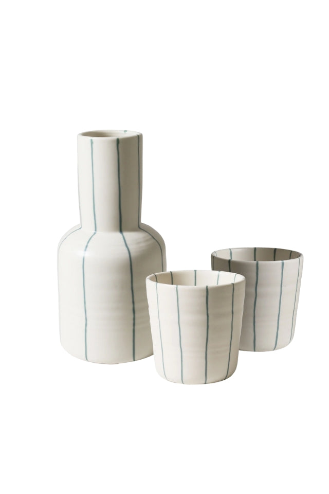Carafe & 2 Cups Set - Coastal Junction Cream W/Green Stripe