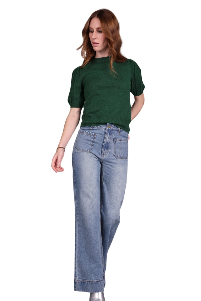 Merino Stitch Sleeve Top - Cedar Green
