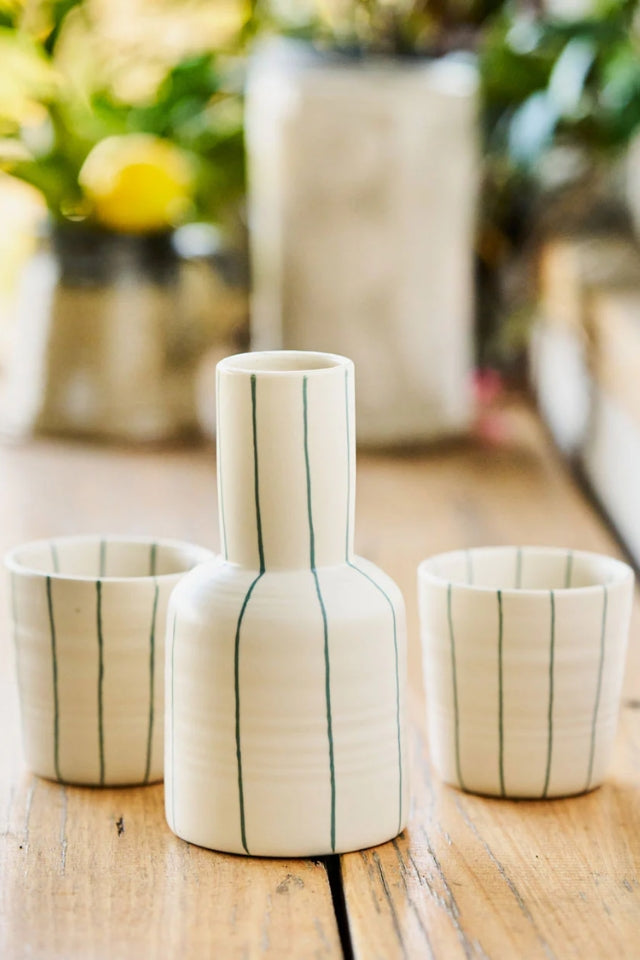 Carafe & 2 Cups Set - Coastal Junction Cream W/Green Stripe