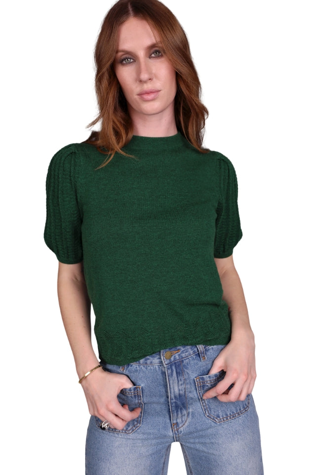 Merino Stitch Sleeve Top - Cedar Green