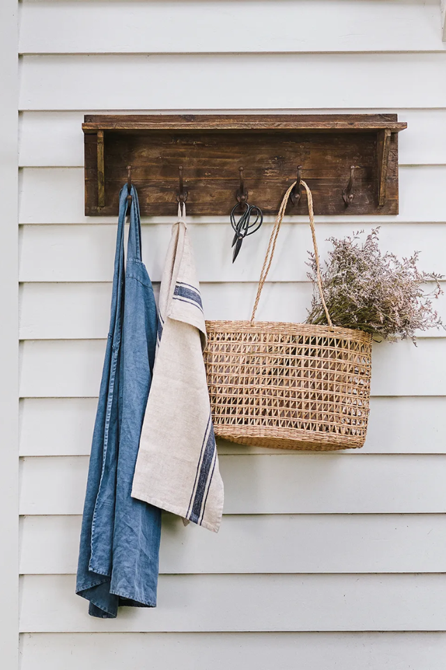 Wooden Wall Shelf with Hooks