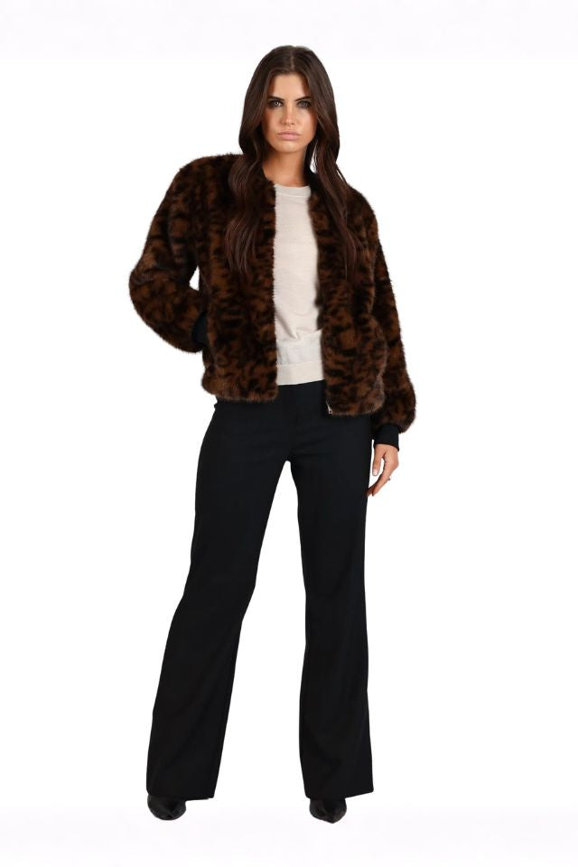 Faux Fur Animal Bomber Jacket - Brown