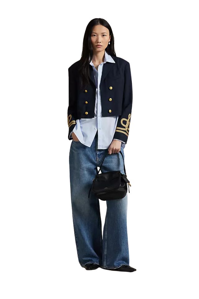 Double-Breasted Cropped Wool Jacket - Navy