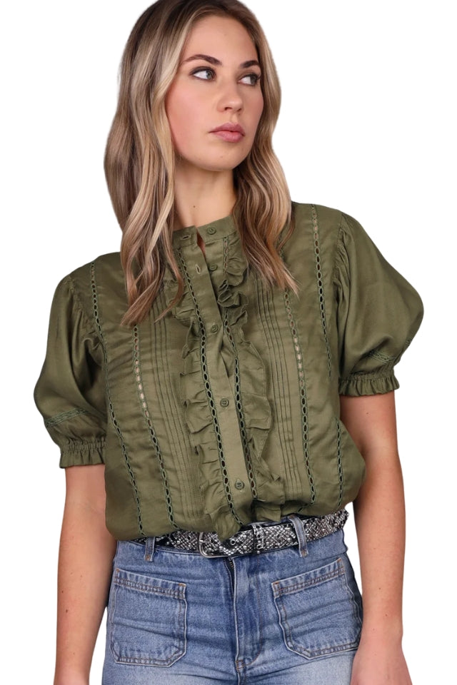Short Sleeve Lace Detail Shirt - Khaki