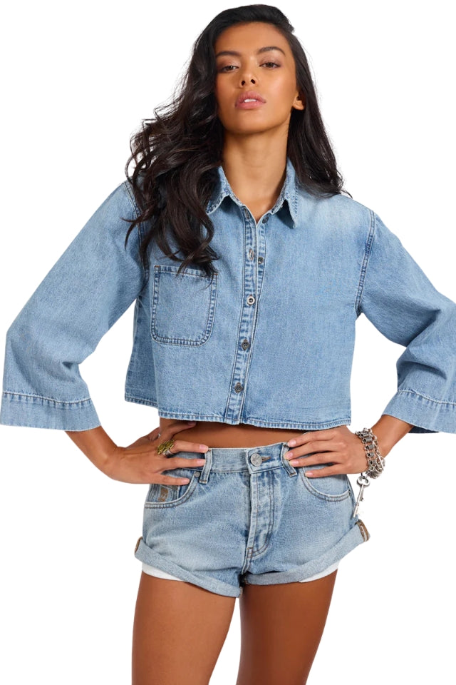 Gracie Cropped Denim Shirt - Misty Blue