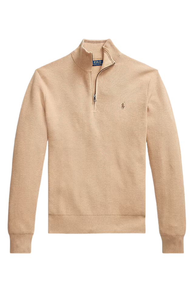 Mesh-Knit Cotton Quarter-Zip Sweater - Camel Melange