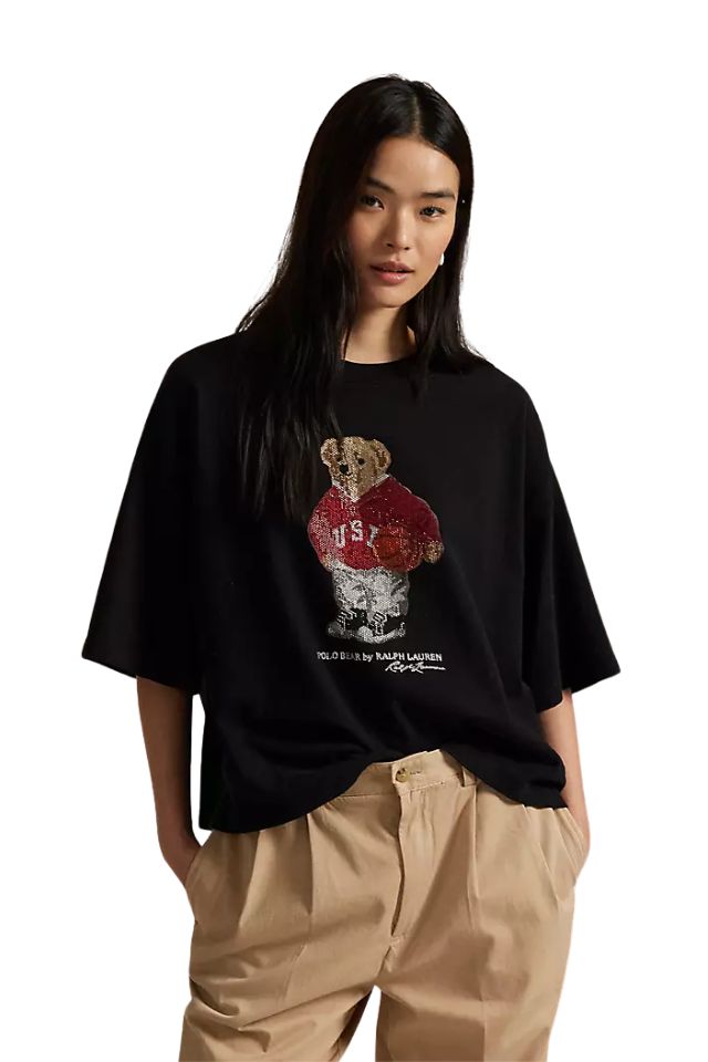 Rhinestone Polo Bear Cotton Jersey Tee - Black