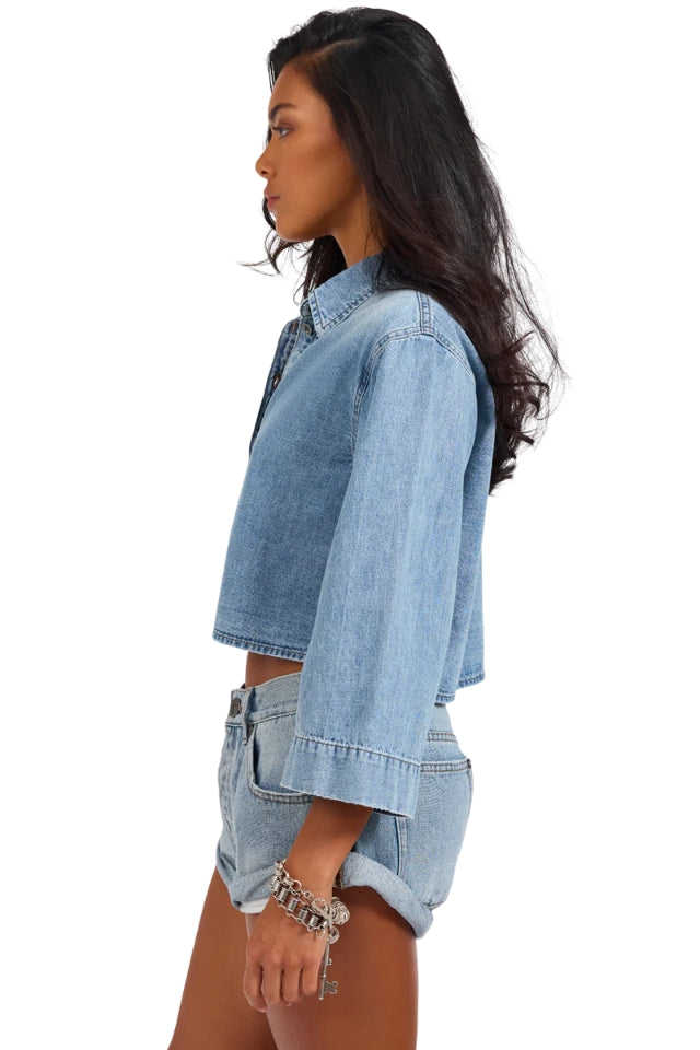 Gracie Cropped Denim Shirt - Misty Blue