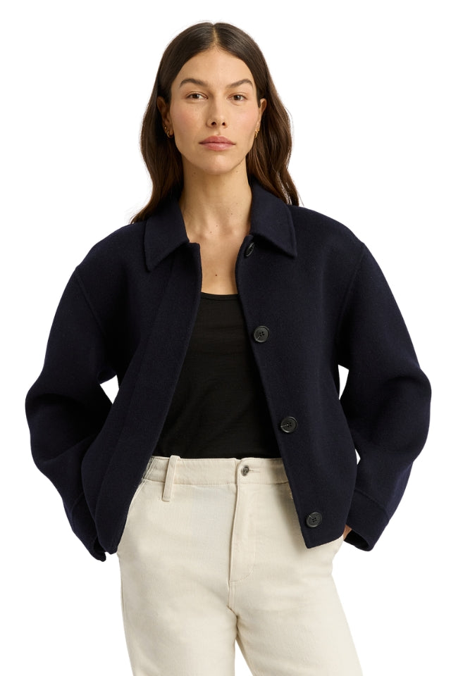 Button Front Double Faced Wool Jacket - Navy