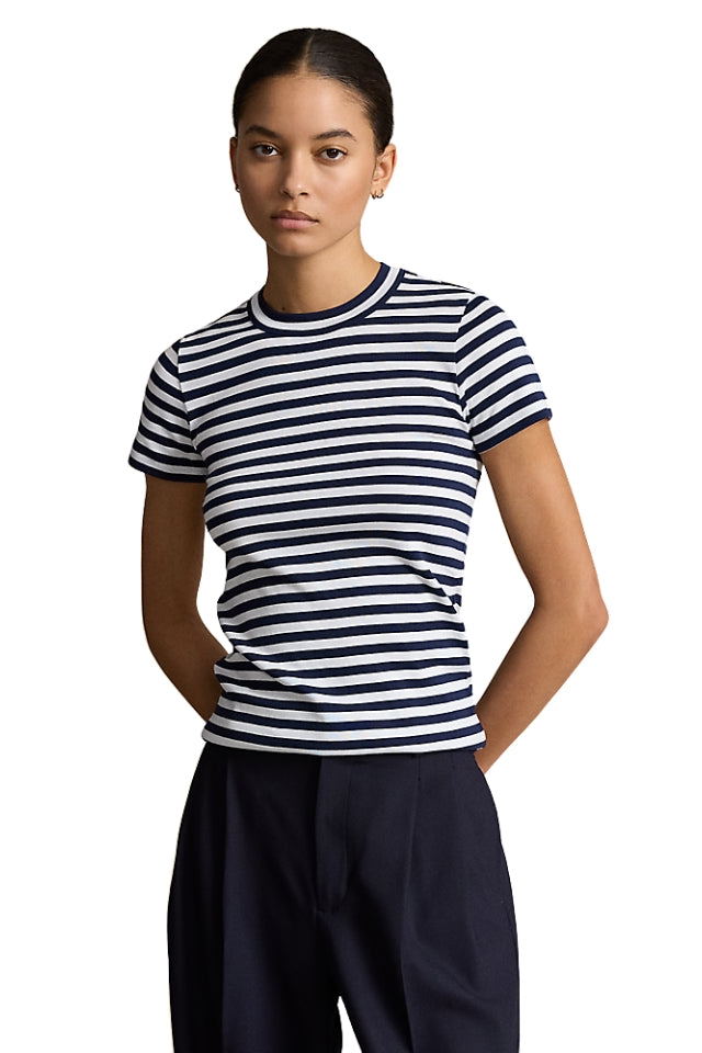Striped Ribbed Cotton Crewneck Tee - Navy/White