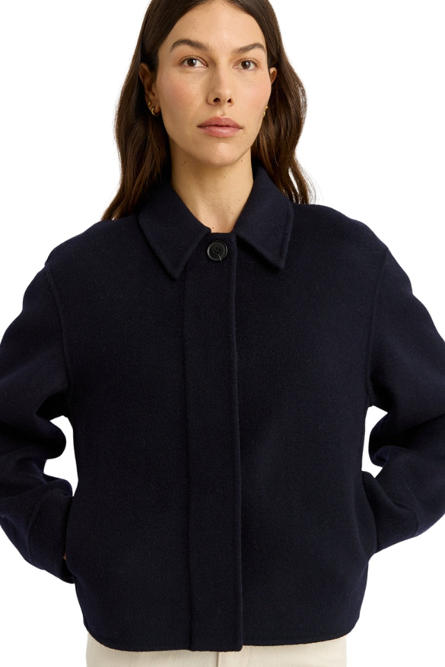 Button Front Double Faced Wool Jacket - Navy