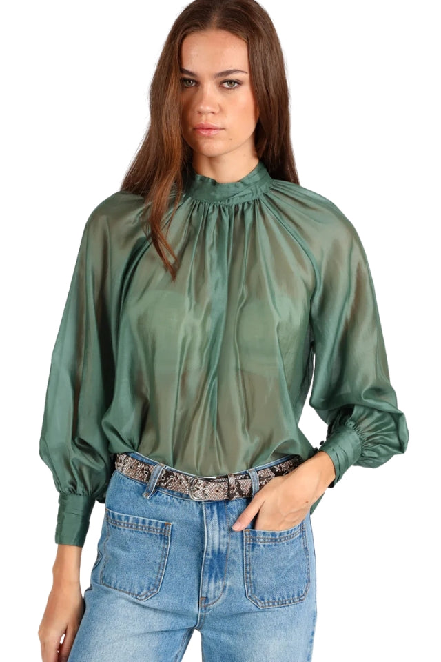 High Neck Detail Top - Sage