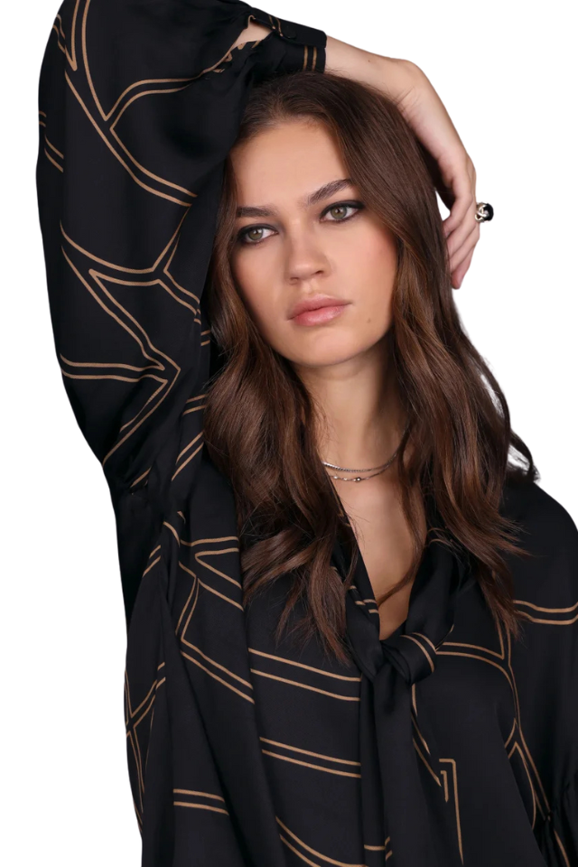 Studio Print Neck Tie Top - Black/Taupe