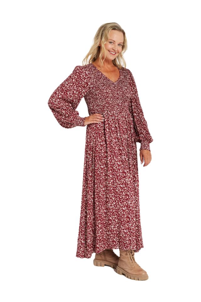 V-Neck Shirred Bodice Dress