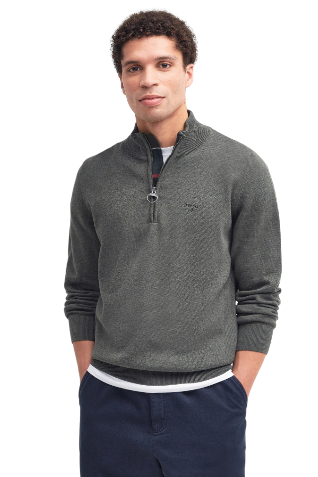 Cotton Half Zip Knitted Jumper - Olive Marl