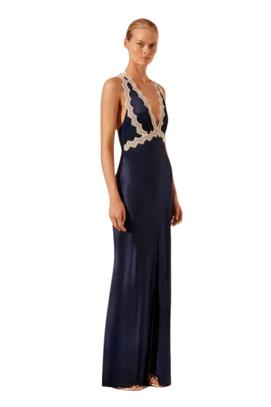 Camille Lace Cross Back Split Maxi Dress - Deep Midnight Ivory