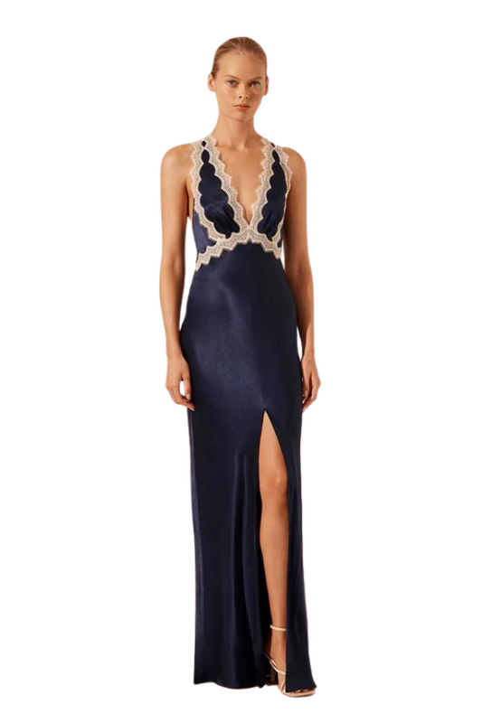 Camille Lace Cross Back Split Maxi Dress - Deep Midnight Ivory