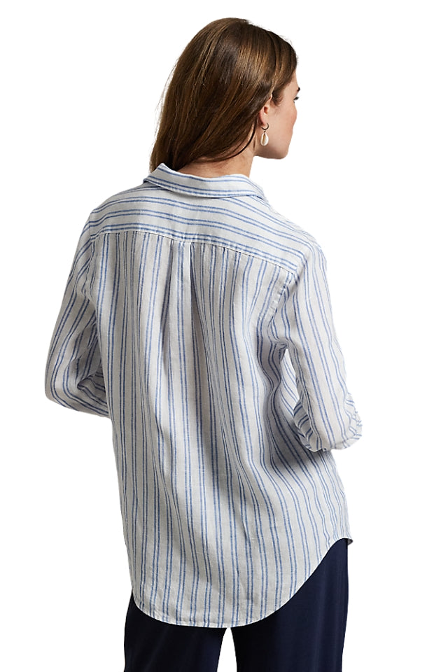 Classic Fit Striped Linen Shirt - White/Pond Blue