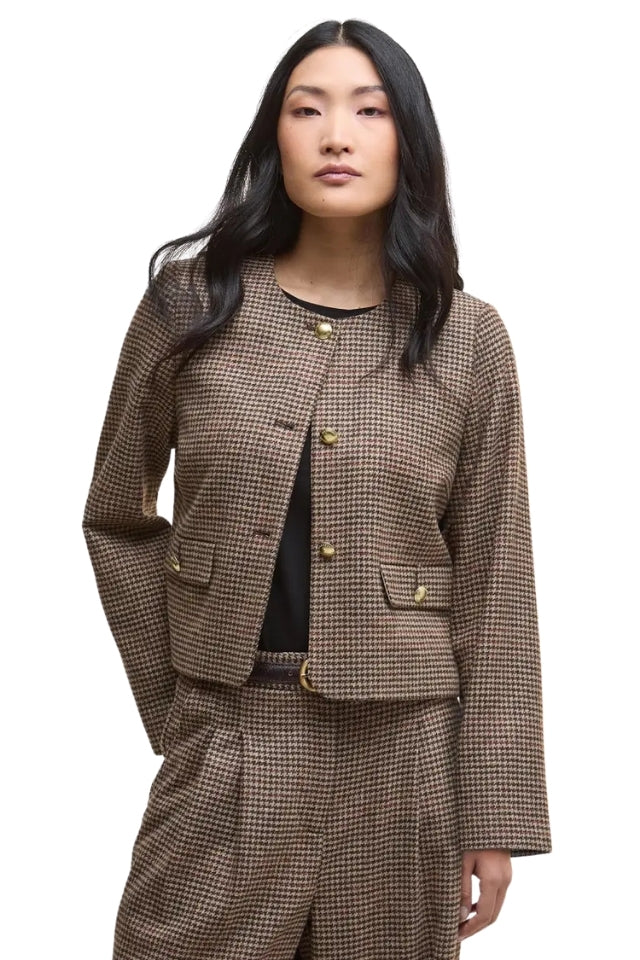 Corina Collarless Tailored Jacket - Brown/Orange Check