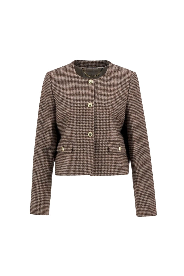 Corina Collarless Tailored Jacket - Brown/Orange Check