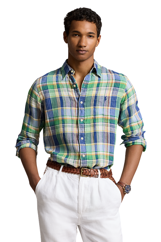 Custom Fit Plaid Linen Shirt - Green/Blue