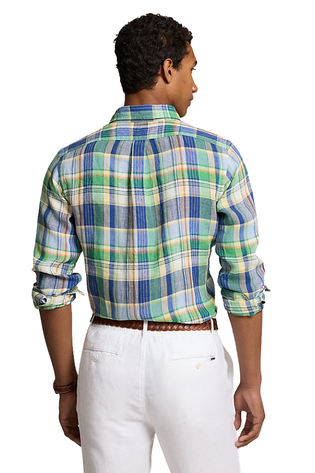 Custom Fit Plaid Linen Shirt - Green/Blue