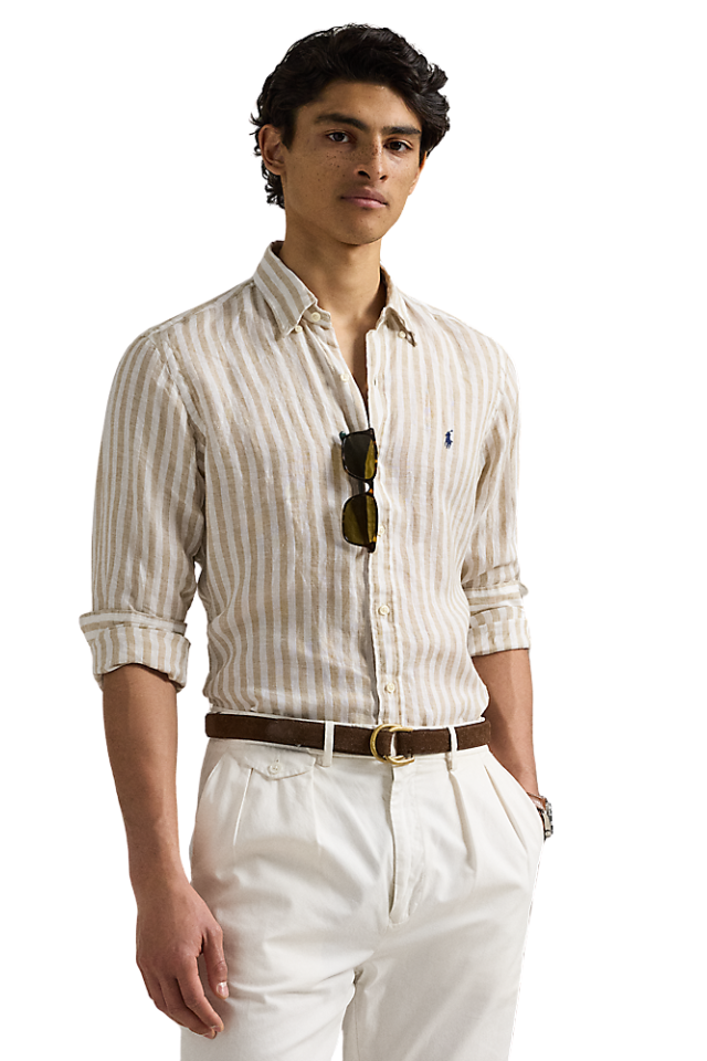 Custom Fit Striped Linen Shirt - Coastal Beige/White