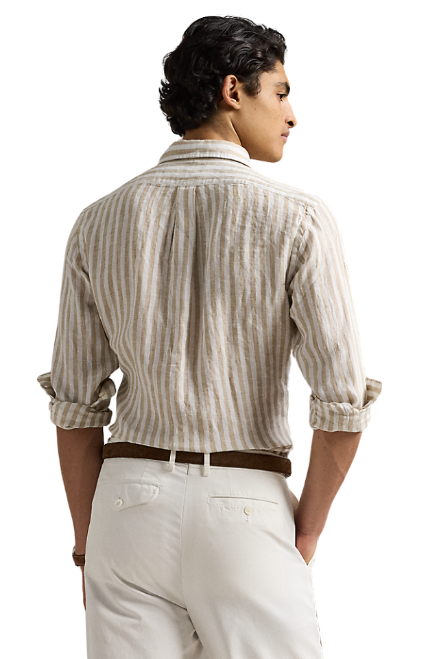 Custom Fit Striped Linen Shirt - Coastal Beige/White